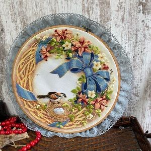 Vintage Floral and Bird Embroidered Wall Art Hanging